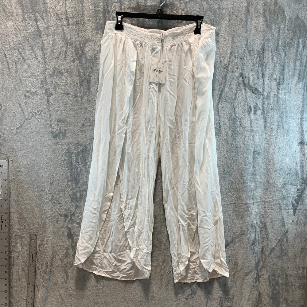 Raviya Women White Split Leg Wide Beach Pants Smocked Waist Cover Up Size L